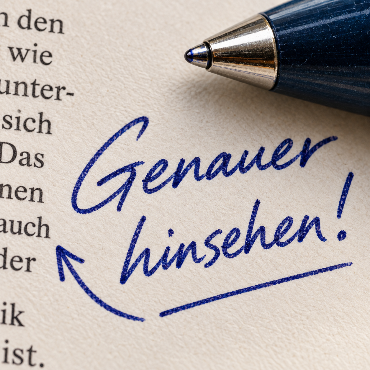 Nahaufnahme einer handschriftlichen Randnotiz: „Genauer hinsehen!“ in blauer Tinte neben einer Kugelschreiberspitze.