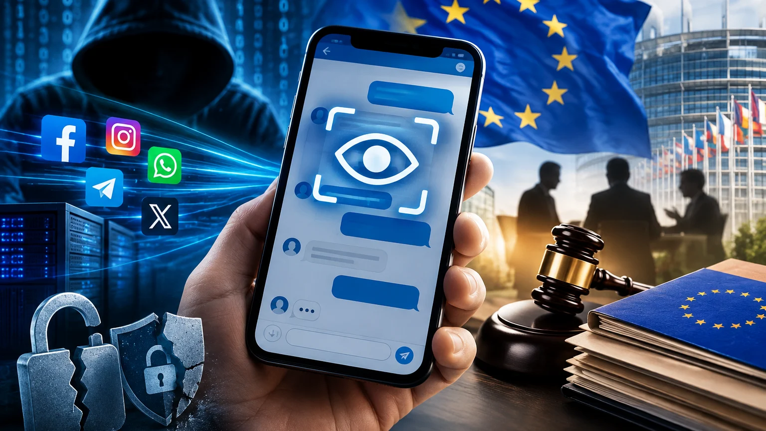 Eine Hand hält ein Smartphone mit Chatblasen und einem großen Augensymbol. Dahinter sind eine Kapuzenfigur, Symbole sozialer Medien, ein zerbrochenes Schloss, eine EU-Flagge, ein Richterhammer und Akten zu sehen.