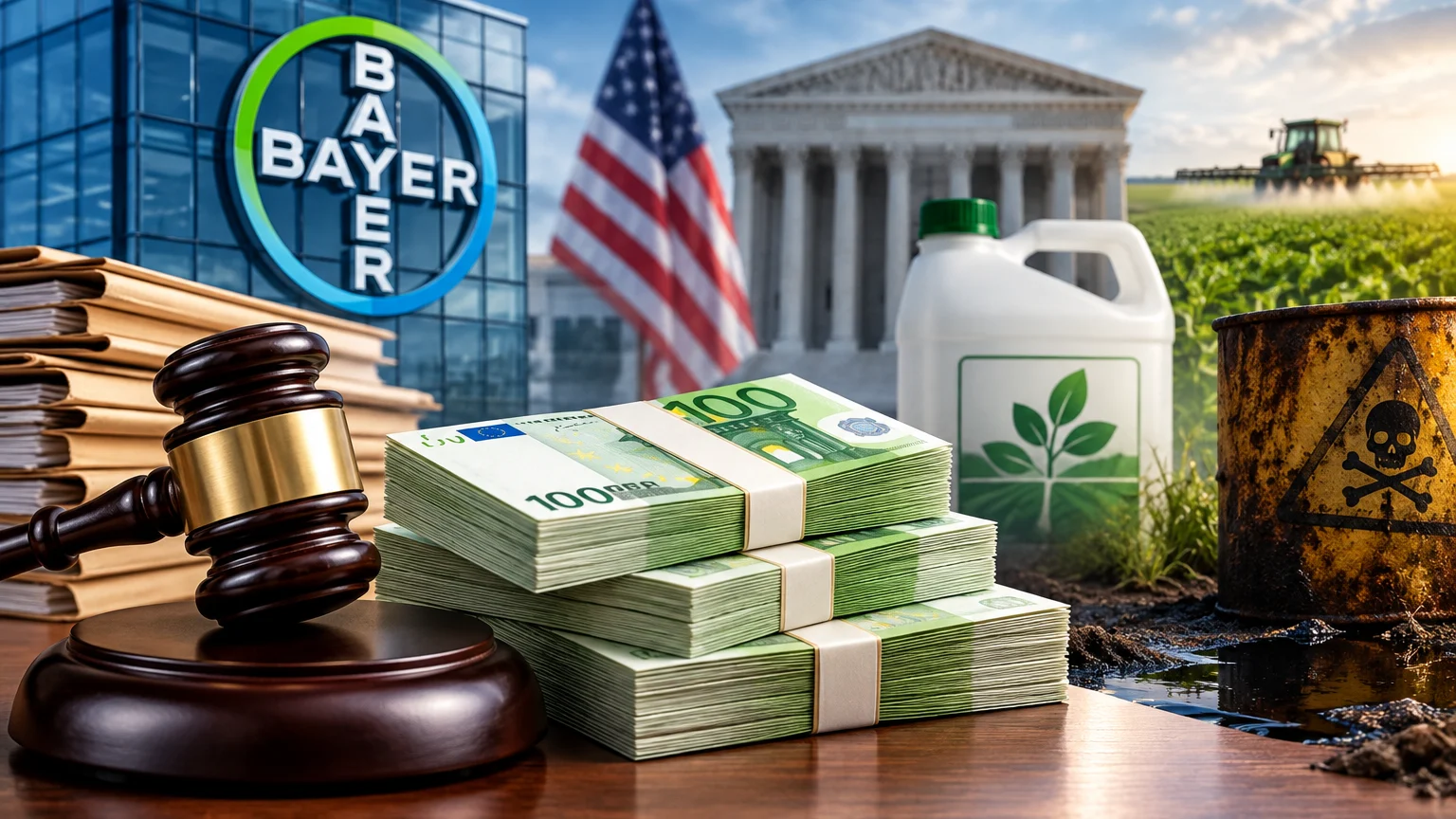 Ein Richterhammer und Bündel von 100-Euro-Scheinen liegen vor dem Bayer-Logo, einer US-Flagge und einem Säulengebäude. Rechts stehen ein Kanister mit Blattsymbol und ein Fass mit Totenkopf; dahinter ist ein Traktor auf einem Feld zu sehen.