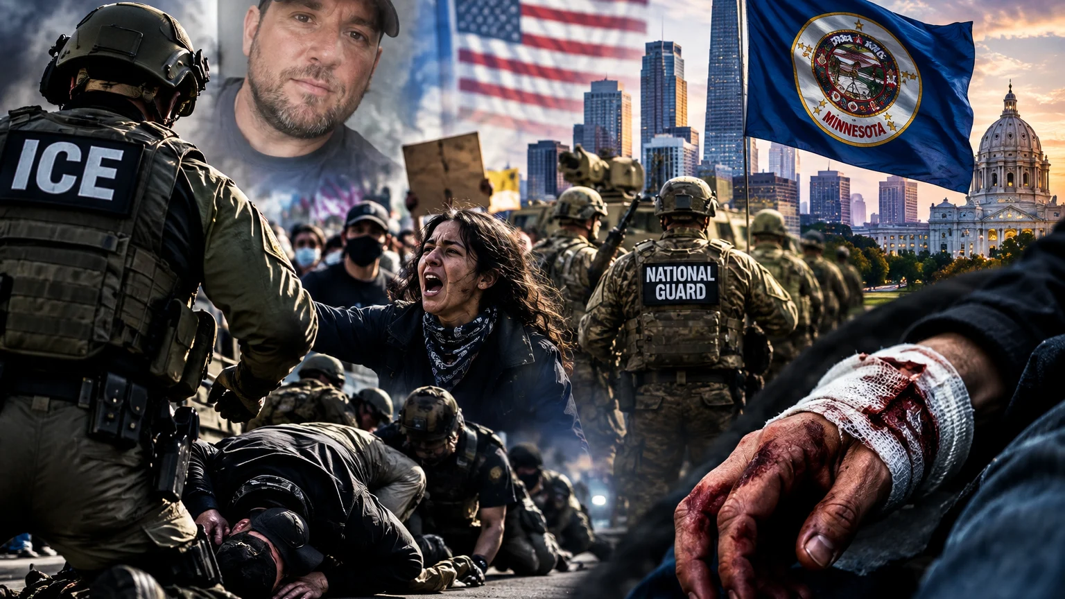 Links steht ein Uniformierter mit „ICE“ auf dem Rücken; in der Mitte schreit eine Frau neben Soldaten mit „National Guard“-Aufschrift. Rechts ist eine blutige, bandagierte Hand zu sehen, darüber die US- und die Minnesota-Flagge.