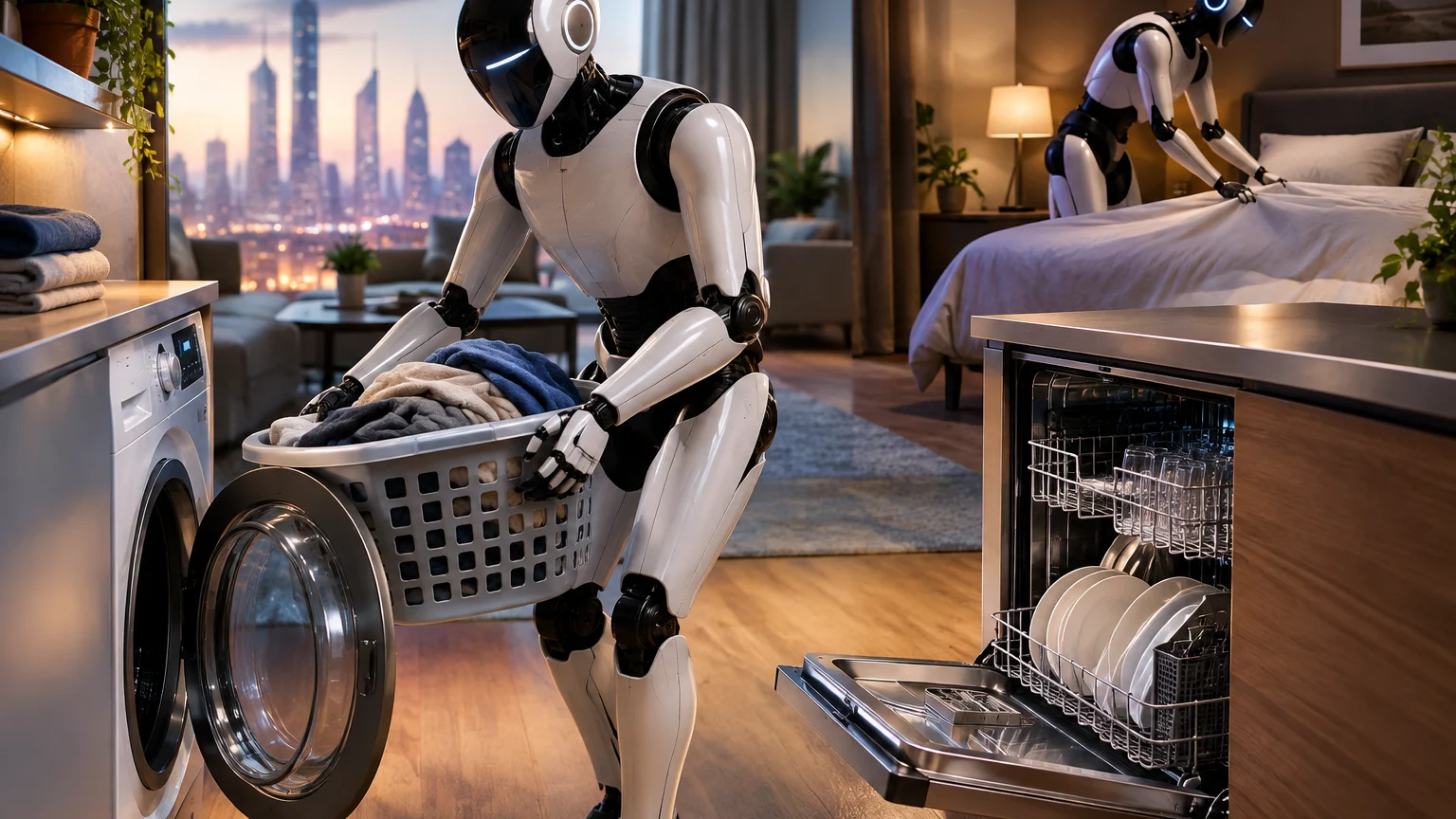 Ein weiß-schwarzer Roboter hält einen Wäschekorb vor einer offenen Waschmaschine. Im Hintergrund zieht ein zweiter Roboter eine Bettdecke glatt; rechts steht ein Geschirrspüler mit Geschirr offen.