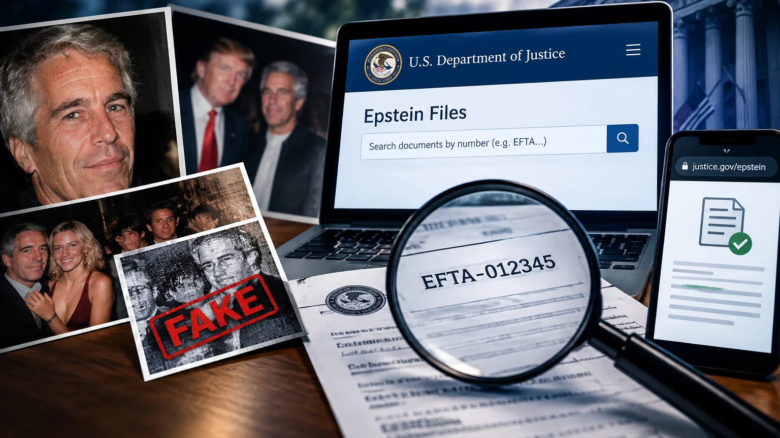 Eine Bildmontage zeigt Fotos mehrerer Menschen, einen Laptop mit der Seite „Epstein Files“ und ein Smartphone mit Dokumentensymbol. Eine Lupe vergrößert „EFTA-012345“ auf einem Dokument; ein Foto trägt den roten Stempel „FAKE“.