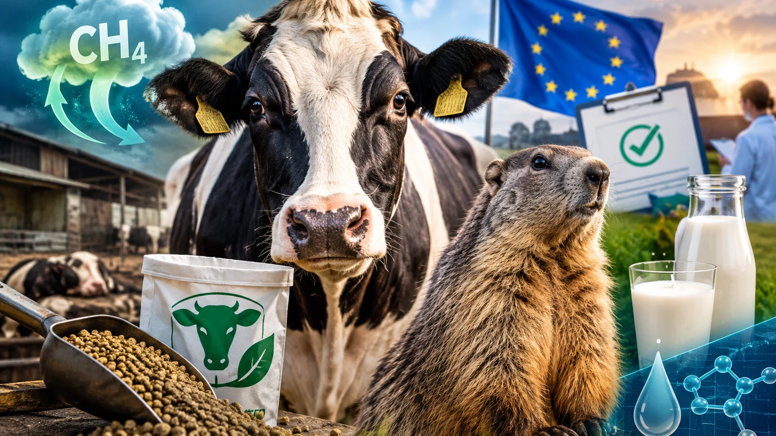 Eine Kuh und ein Murmeltier stehen neben Futterpellets, einer Milchflasche und einem Glas Milch. Im Hintergrund sind ein Stall, eine EU-Flagge sowie Grafiken mit „CH₄“ und einem grünen Häkchen zu sehen.