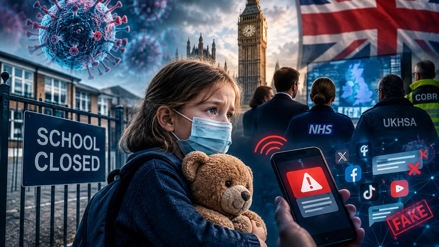 Ein Mädchen mit Mundschutz hält einen Teddybären vor einem Schild mit der Aufschrift „School Closed“. Im Hintergrund sind Big Ben, eine britische Flagge und Virusgrafiken zu sehen; vorn zeigt ein Smartphone ein Warnsymbol.
