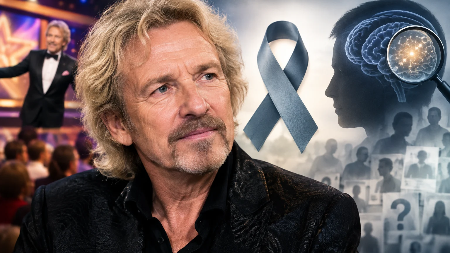 Bildmontage: Im Vordergrund blickt ein blondhaariger Mann im dunklen Jackett zur Seite; links steht ein Mann im Smoking vor Publikum. Rechts sind eine dunkle Schleife und ein Kopfprofil mit sichtbarem Gehirn und Lupe zu sehen.