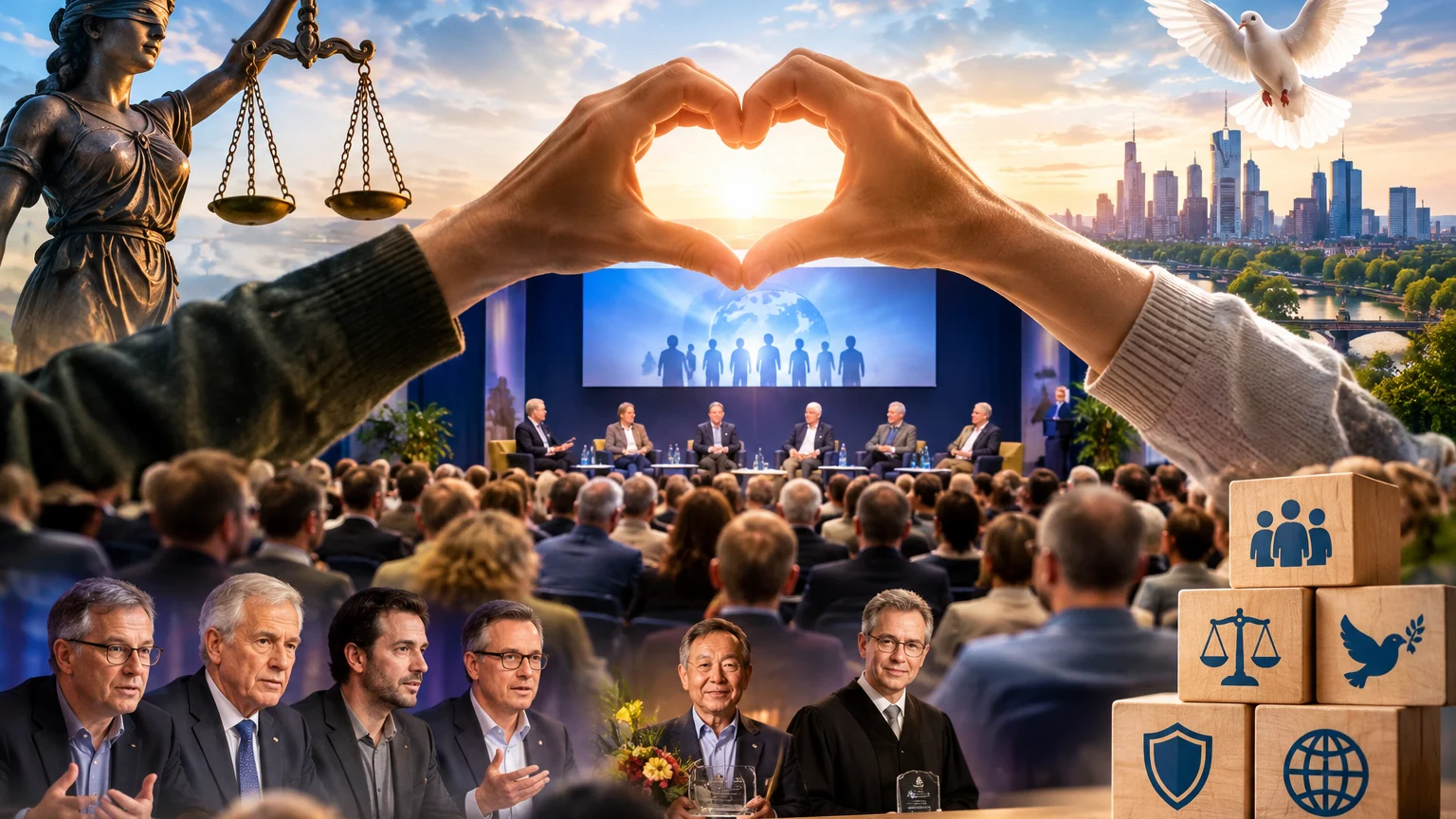 Zwei Hände formen ein Herz über einer Podiumsdiskussion vor Publikum. Zu sehen sind außerdem eine Statue mit Waage, eine Taube über einer Stadt, sechs Männerporträts und Holzklötze mit Symbolen.