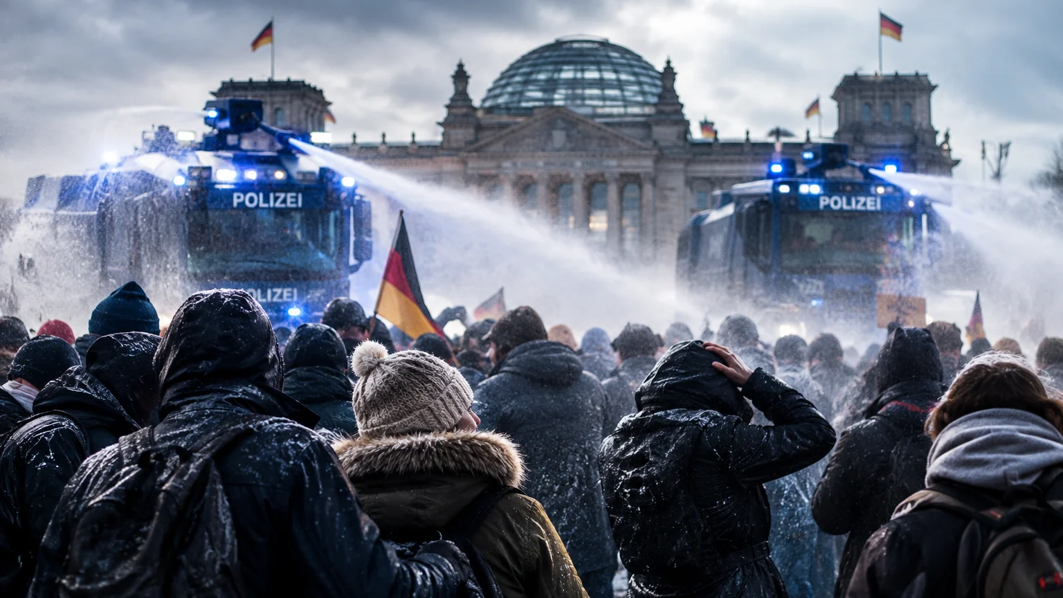 Zwei mit „Polizei“ beschriftete Wasserwerfer spritzen Wasser auf eine dicht gedrängte Menschenmenge in Winterkleidung. Im Hintergrund steht ein Gebäude mit Glaskuppel und deutschen Flaggen.