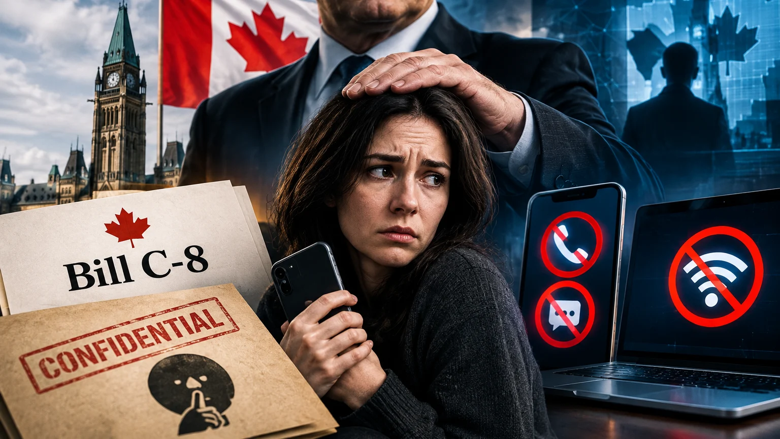 Eine Frau hält ein Smartphone und blickt zur Seite; ein Mann im Anzug legt ihr die Hand auf den Kopf. Daneben sind Akten mit „Bill C-8“ und „Confidential“, eine Kanadaflagge sowie durchgestrichene Telefon-, Nachrichten- und WLAN-Symbole zu sehen.