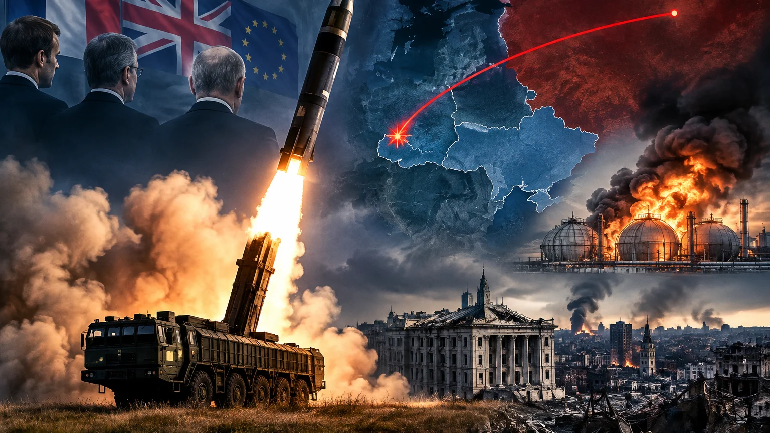 Eine Bildmontage zeigt drei Männer im Anzug vor der französischen, britischen und EU-Flagge sowie eine Rakete, die von einem Lastwagen startet. Daneben sind eine Karte mit roter Linie, brennende Tanks und eine zerstörte Stadt zu sehen.