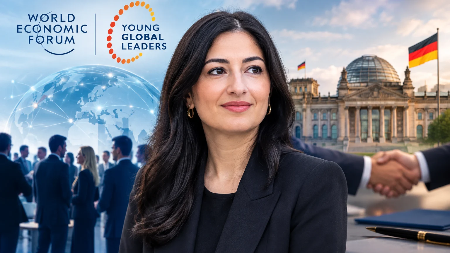 Eine dunkelhaarige Frau im schwarzen Blazer steht vor einer Collage aus vernetzter Weltkugel, Personengruppen, Reichstag mit Deutschlandflaggen und einem Handschlag. Links oben stehen die Logos „World Economic Forum“ und „Young Global Leaders“.