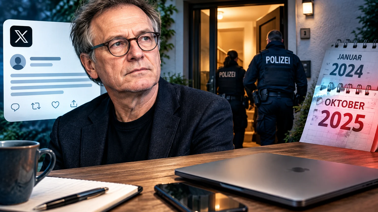 Ein Mann mit Brille sitzt an einem Tisch mit Laptop, Smartphone und Notizbuch; hinter ihm gehen zwei Personen mit der Aufschrift „POLIZEI“ durch eine Tür. Links ist eine Grafik mit X-Symbol zu sehen, rechts Kalender mit Januar 2024 und Oktober 2025.