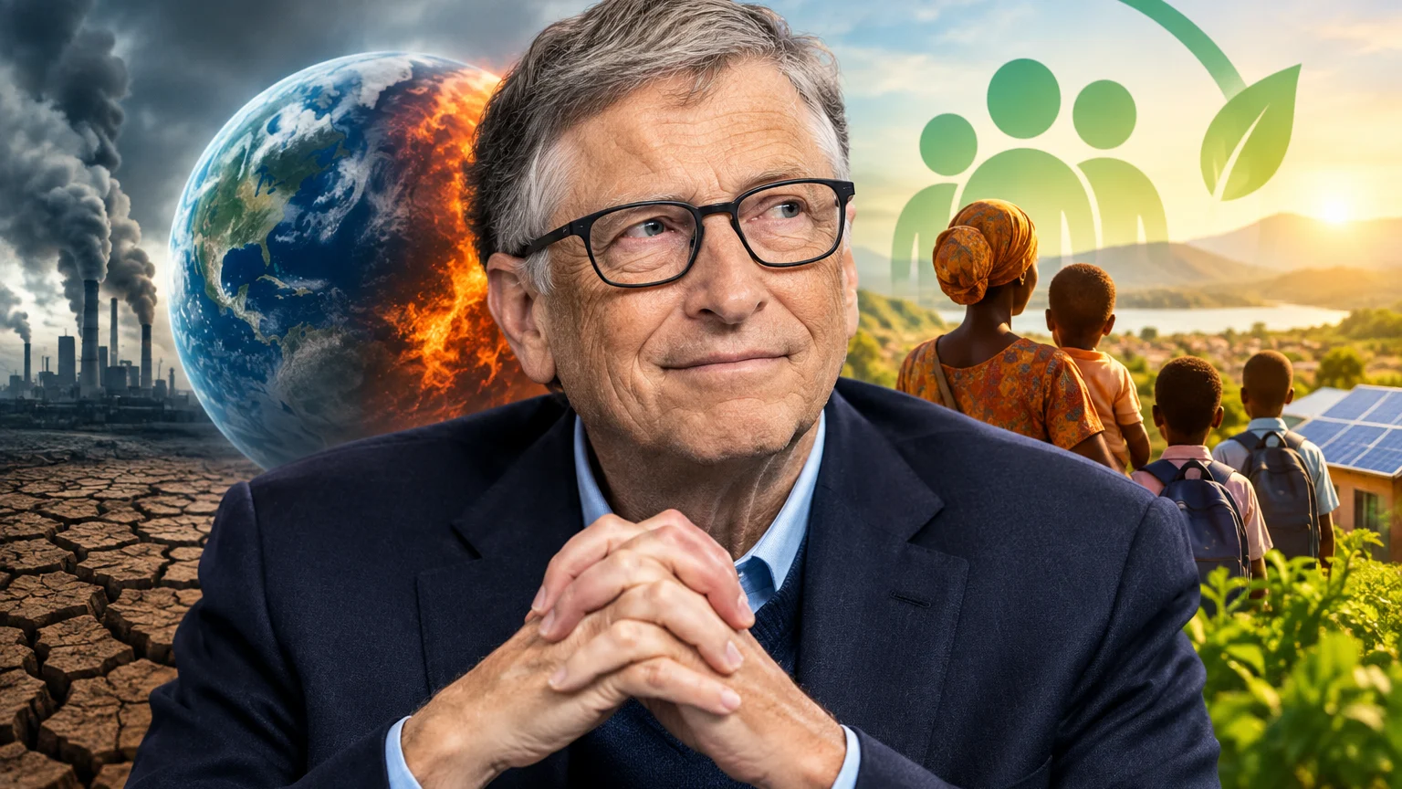Ein grauhaariger Mann mit Brille hält die Hände gefaltet. Hinter ihm zeigt eine Montage eine teils brennende Erde, rauchende Fabriken und rissigen Boden; rechts stehen vier Menschen vor Solarpaneelen und grünen Symbolen.