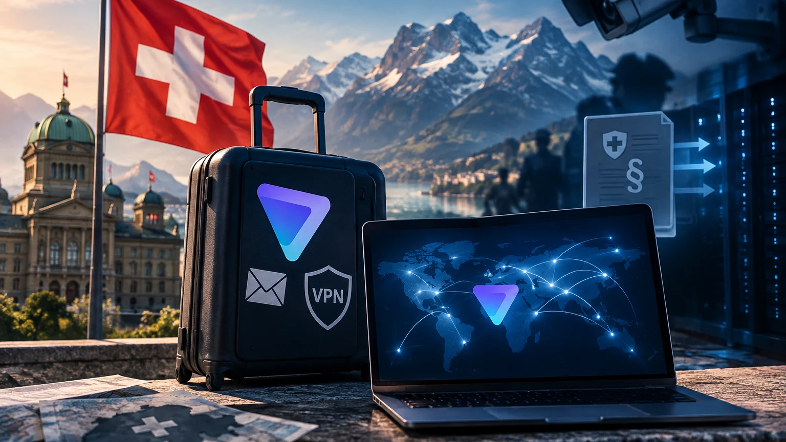 Vor einer Schweizer Flagge und schneebedeckten Bergen stehen ein schwarzer Koffer mit VPN-Symbol und ein Laptop mit vernetzter Weltkarte. Links ist ein Kuppelgebäude zu sehen, rechts stehen Serverschränke.