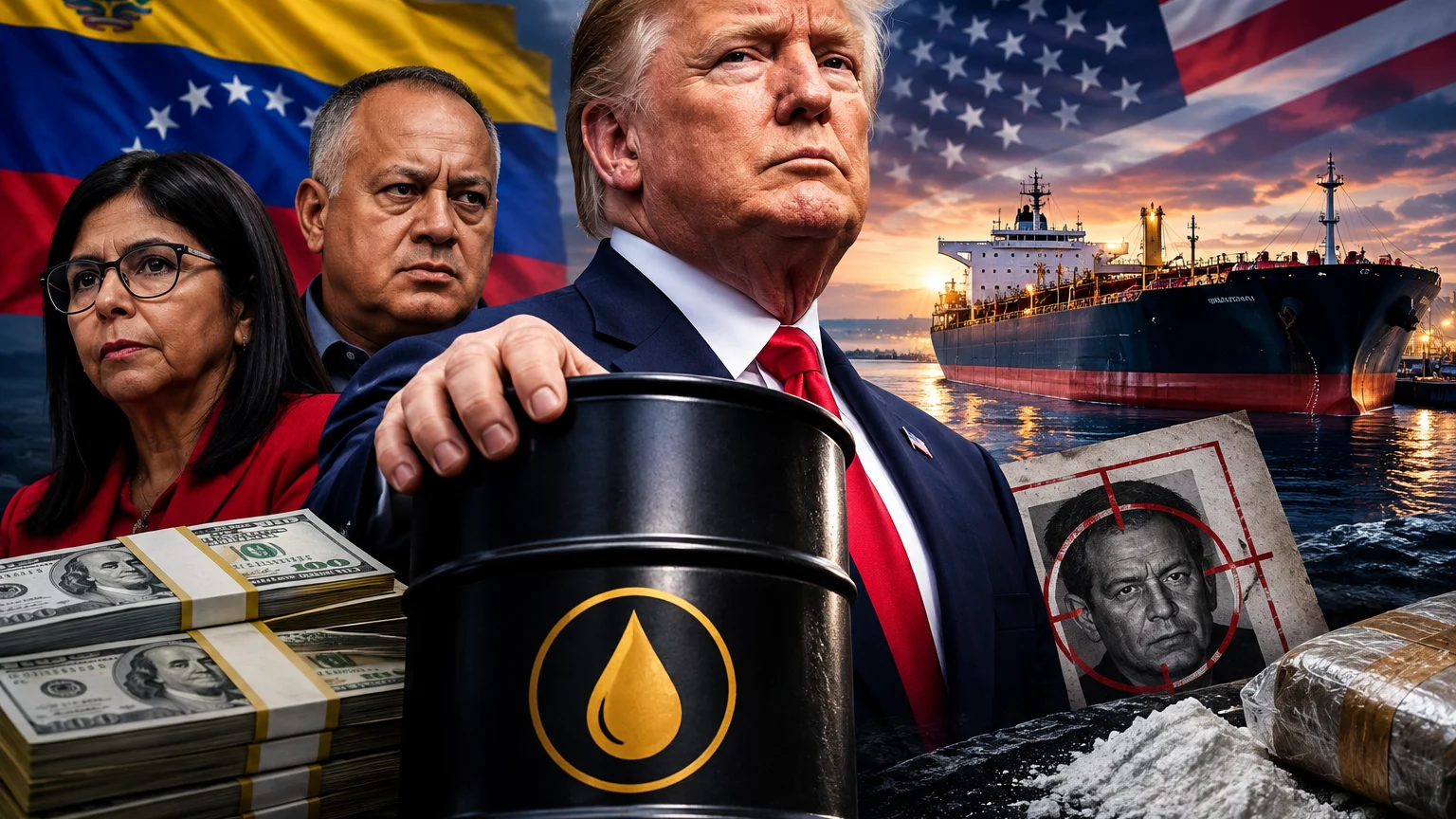 Ein Mann legt die Hand auf ein schwarzes Ölfass; neben ihm stehen zwei Personen und Stapel von Dollarnoten. Die Montage zeigt zudem die Flaggen Venezuelas und der USA, ein Tankschiff, weißes Pulver, ein Paket und ein rot markiertes Porträt.