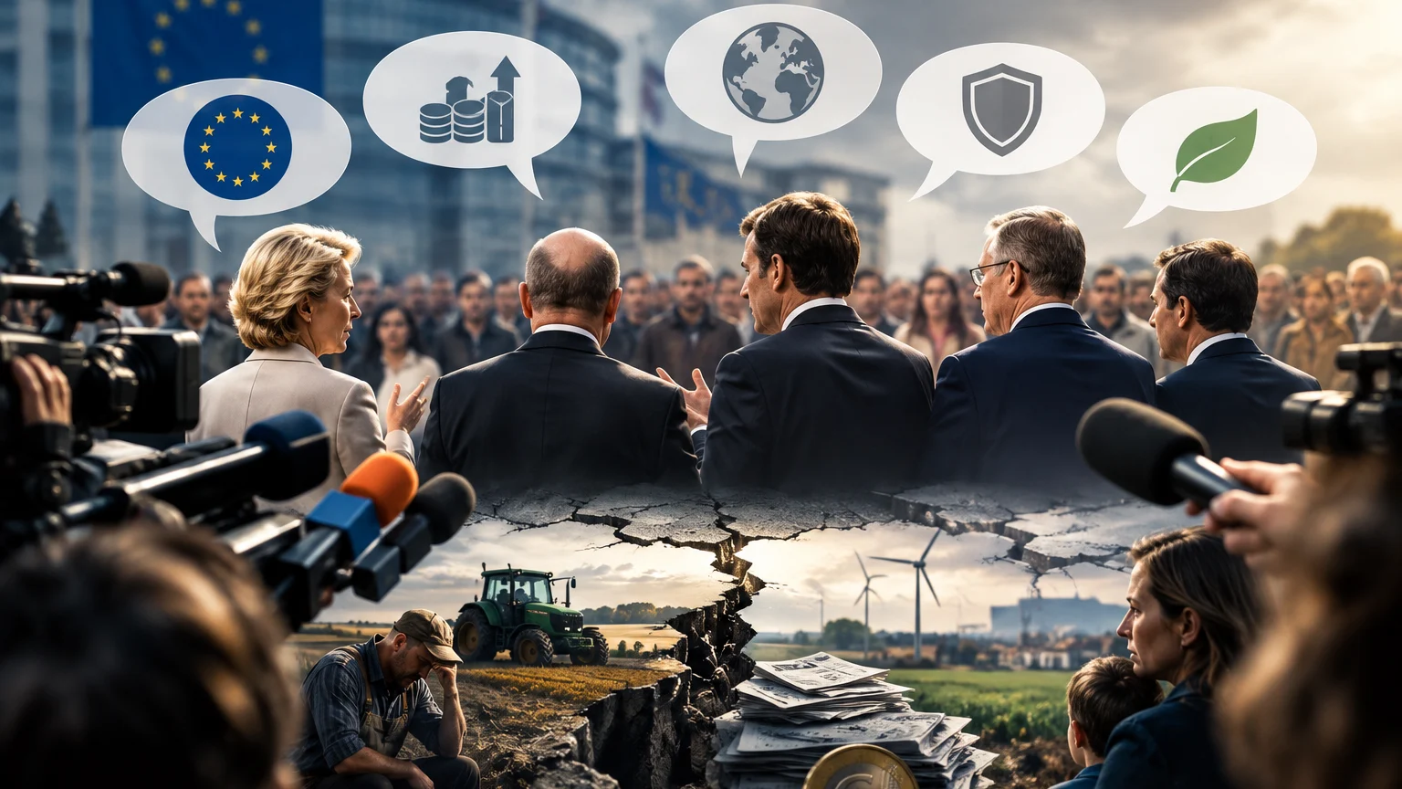 Fotomontage: Fünf Personen stehen vor einer Menschenmenge und Kameras; darüber schweben Sprechblasen mit EU-Sternen, Geld, Erde, Schild und Blatt. Darunter durchzieht ein tiefer Riss eine Landschaft mit Traktor, Windrädern und Zeitungen.