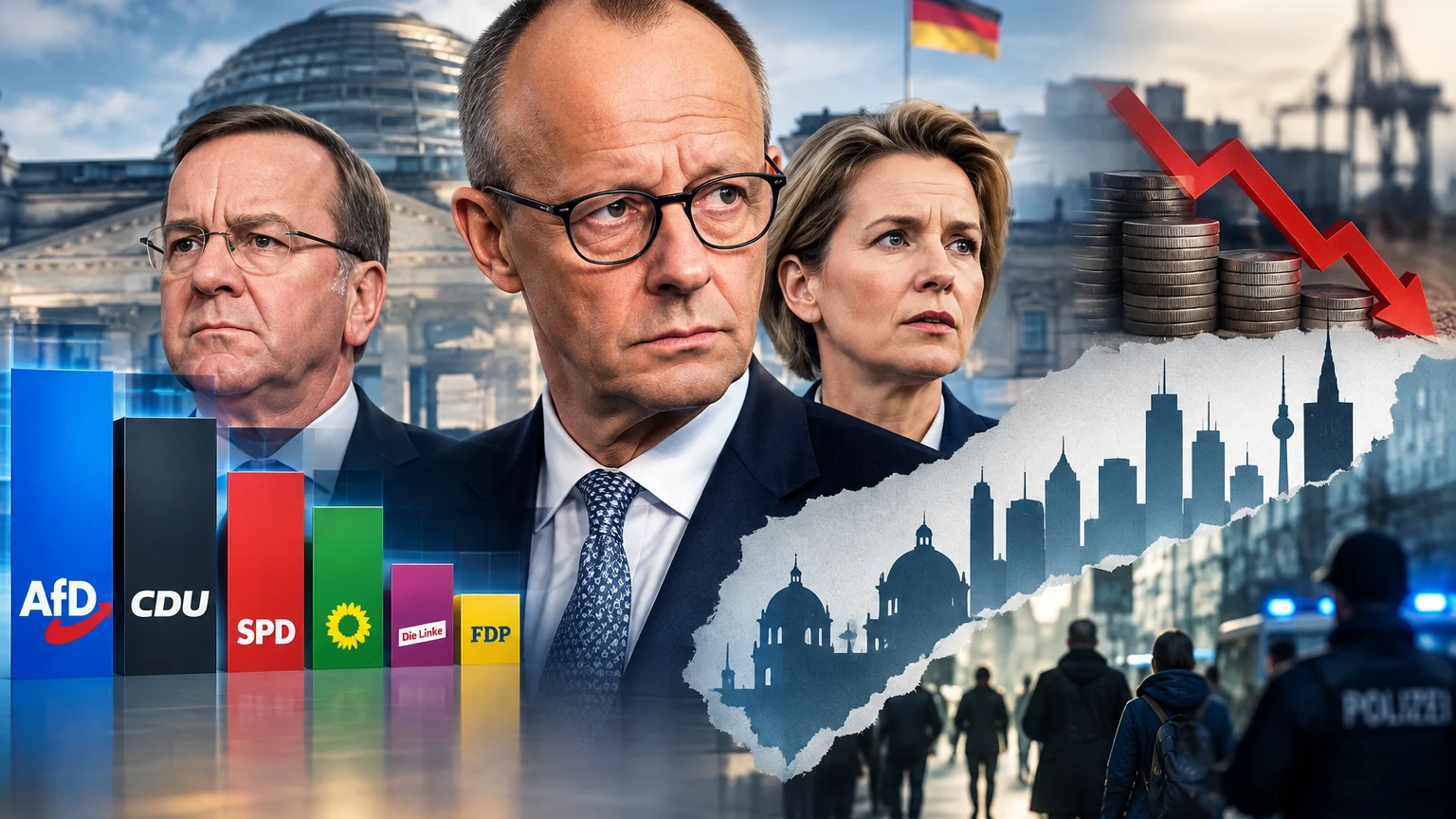 Fotomontage mit drei ernst blickenden Personen vor einem Gebäude mit Glaskuppel und einer Deutschlandflagge. Daneben stehen Balken mit Parteinamen, Münzstapel und ein roter Abwärtspfeil; unten sind Menschen auf einer Straße zu sehen.