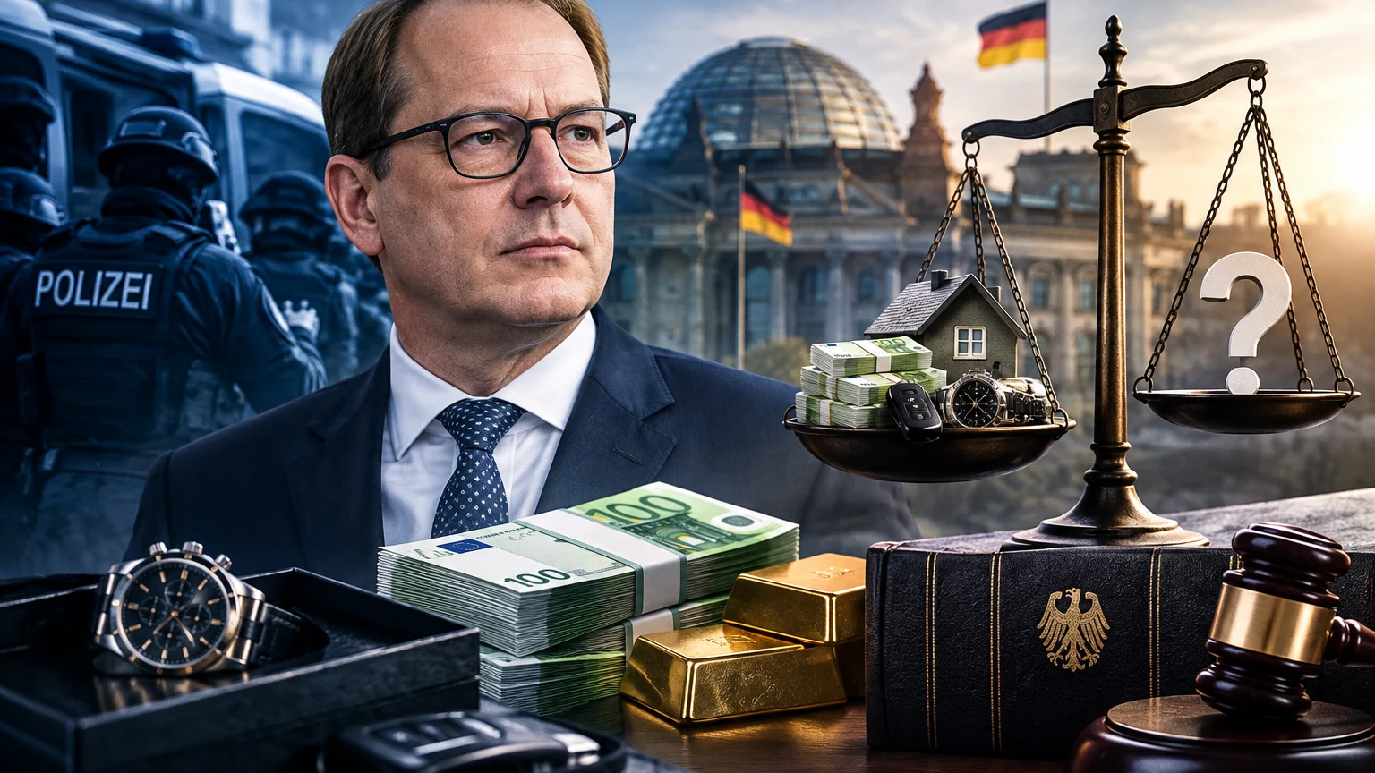Collage mit einem Mann in Anzug und Brille vor Polizisten und einem Gebäude mit Glaskuppel. Im Vordergrund liegen Geldbündel, Goldbarren und eine Uhr; eine Waage zeigt ein Haus, Geld und Wertgegenstände gegenüber einem Fragezeichen.