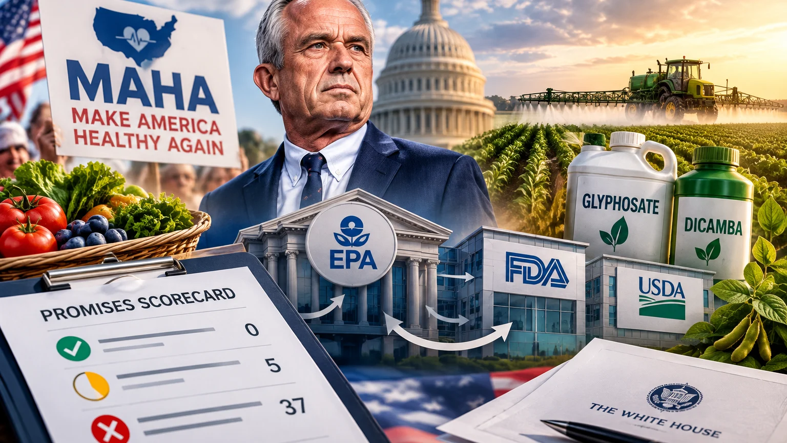 Collage: Ein Mann im Anzug steht vor dem Kapitol und einem „MAHA“-Plakat. Zu sehen sind auch Gemüse, eine Bewertungsliste, ein sprühender Traktor, Behälter mit „Glyphosate“ und „Dicamba“ sowie Gebäude mit EPA-, FDA- und USDA-Logos.