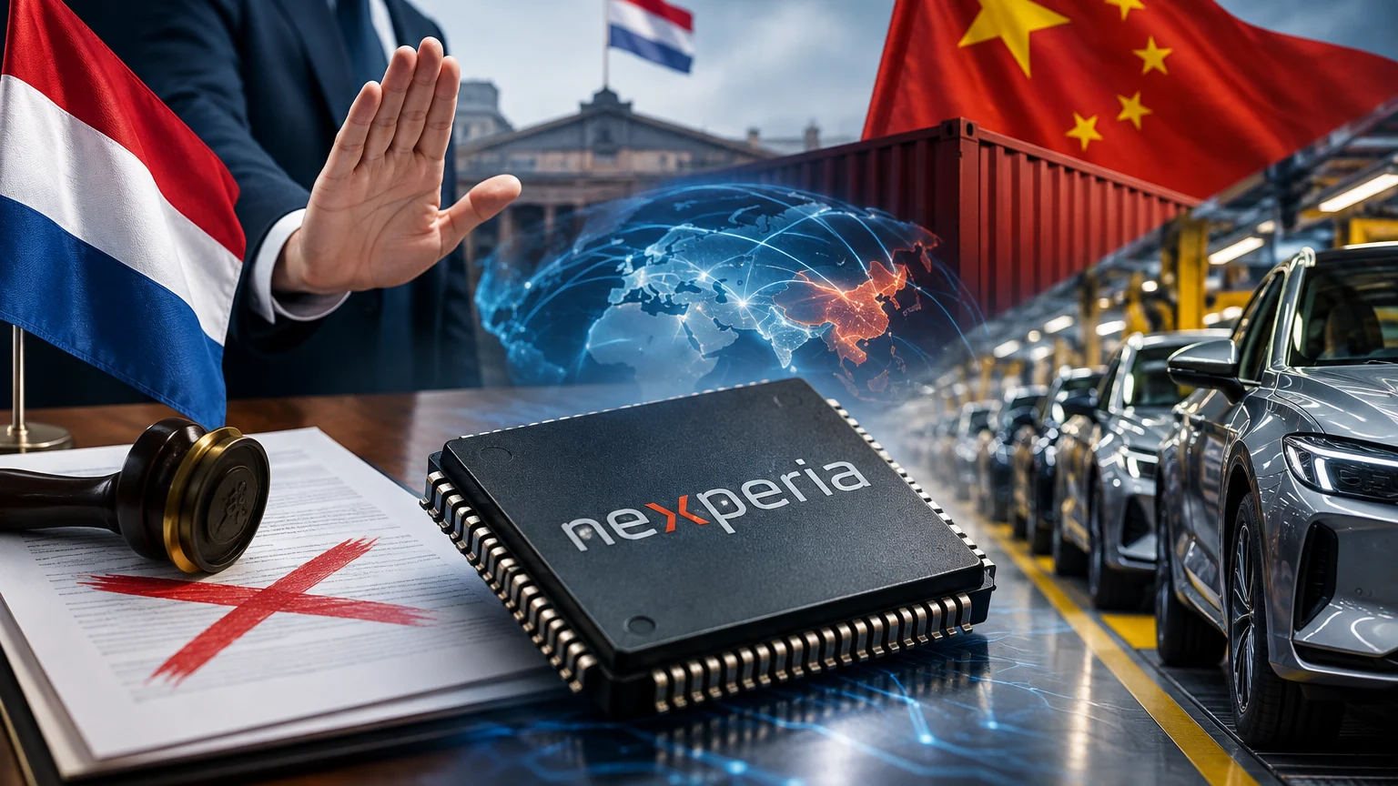 Eine erhobene Hand, niederländische und chinesische Flaggen, ein Chip mit der Aufschrift „nexperia“ und ein Dokument mit rotem Kreuz. Daneben sind eine vernetzte Weltkugel und Autos auf einem Fließband zu sehen.
