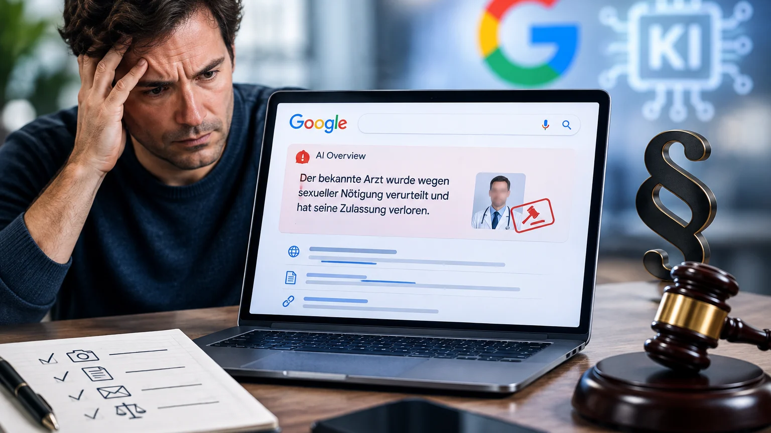 Ein Mann hält sich die Stirn und blickt auf einen Laptop. Dessen Google-„AI Overview“ behauptet, ein Arzt sei wegen sexueller Nötigung verurteilt worden; daneben liegen ein Richterhammer und eine Checkliste.