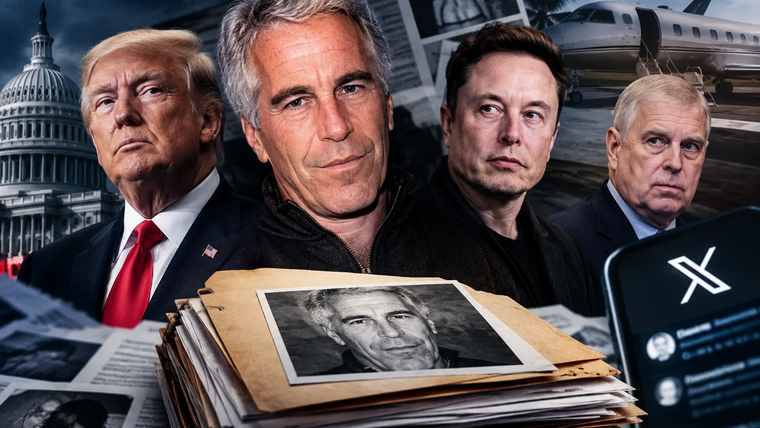 Collage mit vier Männerporträts vor dem US-Kapitol und einem Flugzeug. Im Vordergrund liegen Akten mit einem Schwarz-Weiß-Porträt; rechts ist ein Bildschirm mit X-Logo zu sehen.