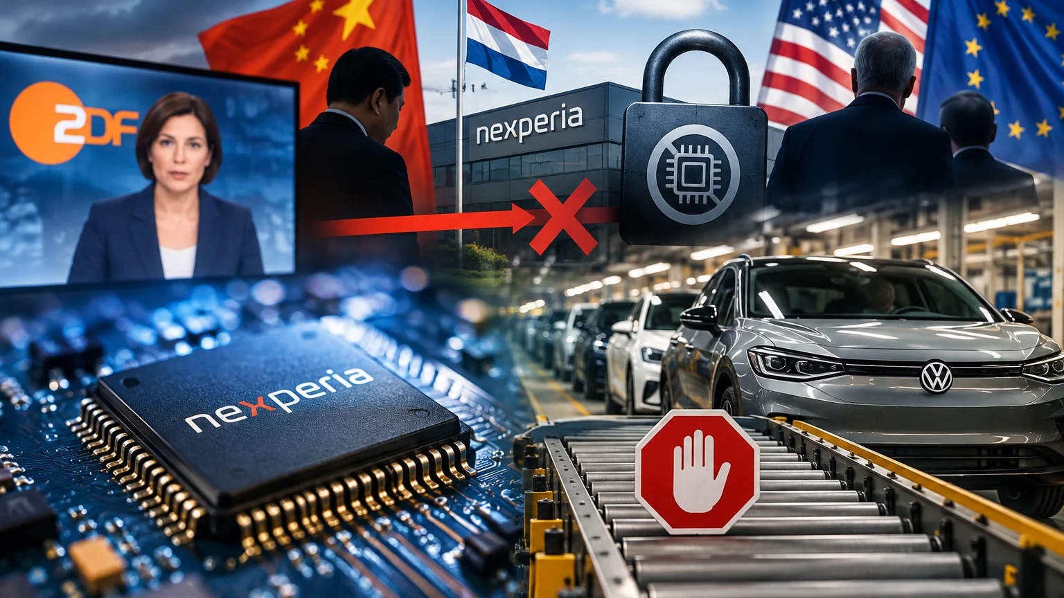 Montage mit Nexperia-Chip, ZDF-Nachrichtensprecherin, Nexperia-Gebäude und Flaggen Chinas, der Niederlande, der USA und der EU. Daneben sind ein Schloss mit Chip-Symbol sowie VW-Autos am Fließband mit Stoppschild zu sehen.