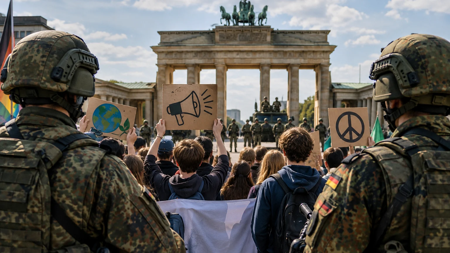 Zwei Personen in Tarnuniform und Helm stehen vor einer Menschenmenge am Brandenburger Tor. Über der Menge ragen Schilder mit Erdkugel, Megafon und Friedenszeichen auf; vor dem Tor stehen weitere Uniformierte.