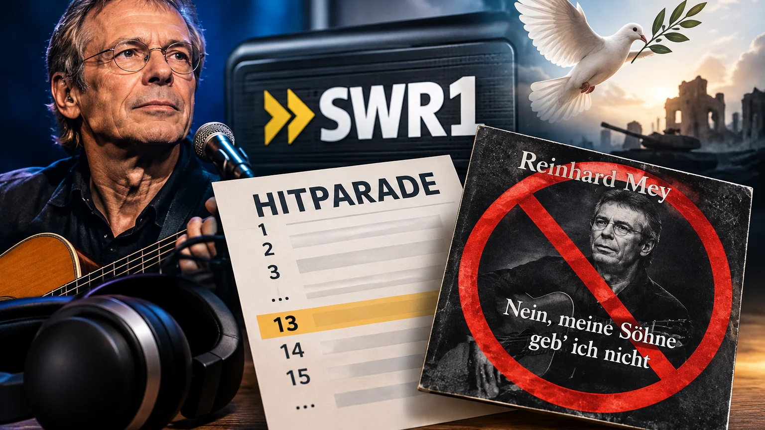 Collage: Ein Mann mit Brille und Gitarre sitzt am Mikrofon vor dem SWR1-Logo. Daneben eine Hitparade mit markiertem Platz 13 und ein rot durchgestrichenes Cover; oben fliegt eine weiße Taube mit Zweig vor Ruinen.