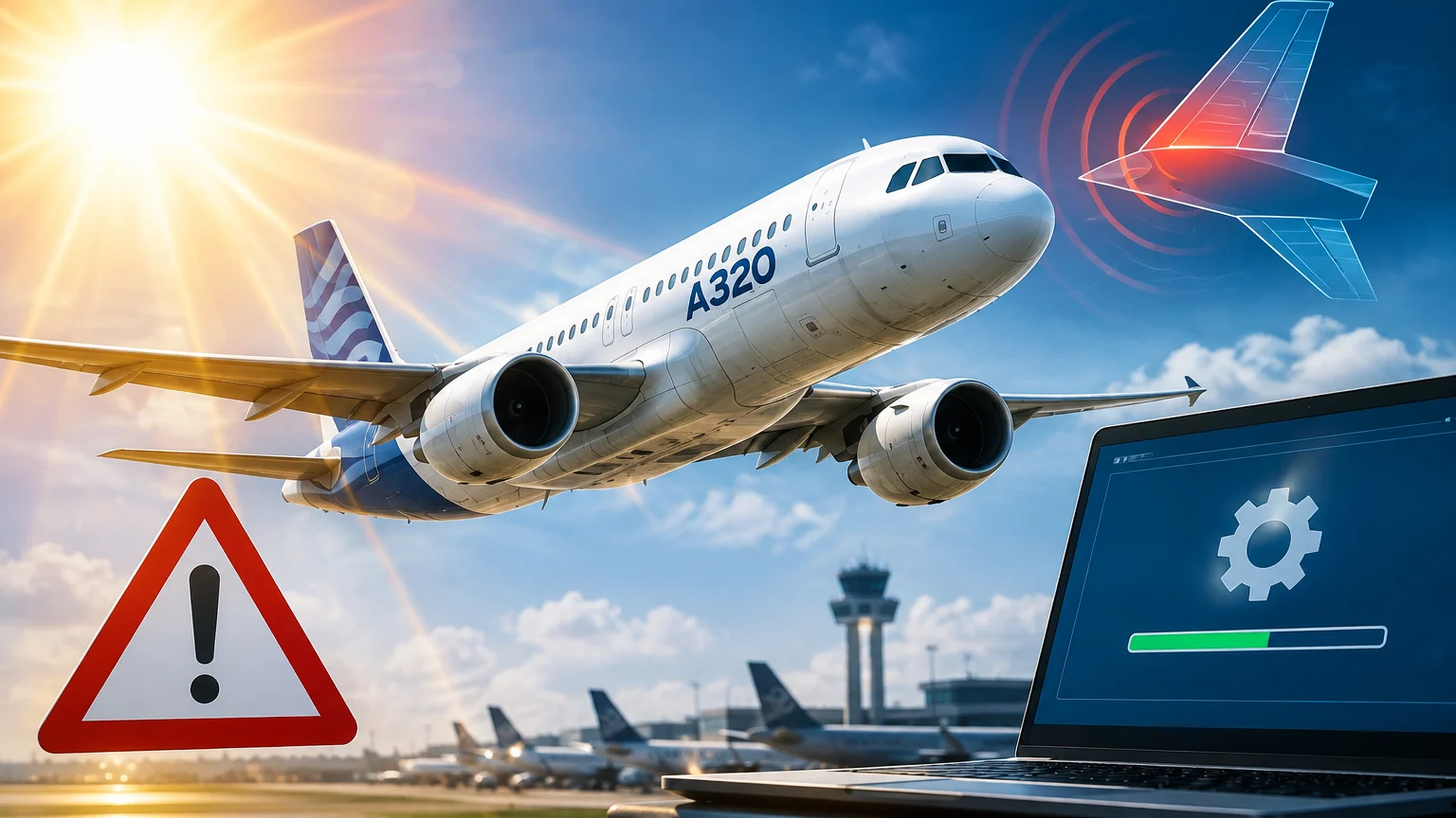 Ein Flugzeug mit der Aufschrift „A320“ fliegt über einem Flughafen. Im Vordergrund stehen ein Warnzeichen und ein Laptop mit Zahnrad und Fortschrittsbalken; rechts oben ist ein Flugzeugheck mit roten Kreisbögen zu sehen.