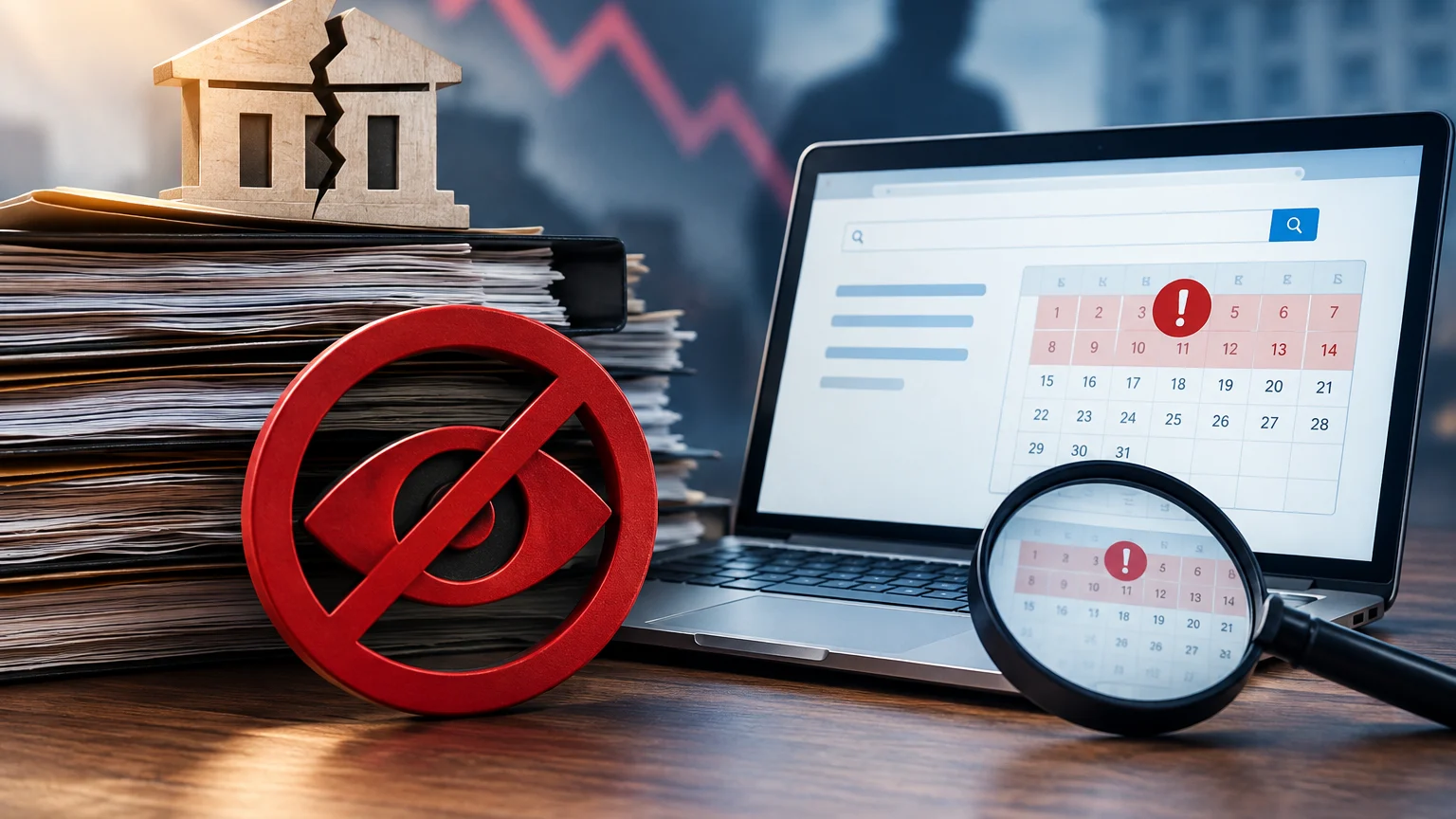 Auf einem Stapel Akten steht ein hölzernes Hausmodell mit einem Riss; davor steht ein rotes Symbol mit durchgestrichenem Auge. Daneben zeigt ein Laptop einen Kalender mit Warnsymbol, vor dem eine Lupe liegt.