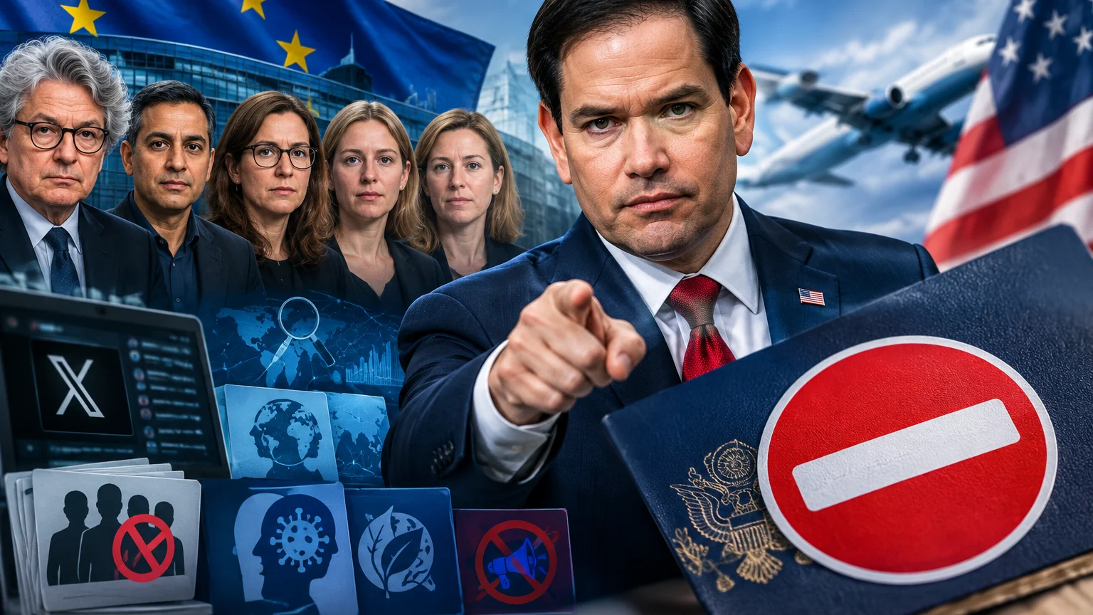 Ein Mann im Anzug zeigt mit dem Finger nach vorn; hinter ihm stehen fünf Personen vor einer EU-Flagge. Daneben sind eine US-Flagge, ein Flugzeug und ein Pass mit rotem Verbotsschild zu sehen.