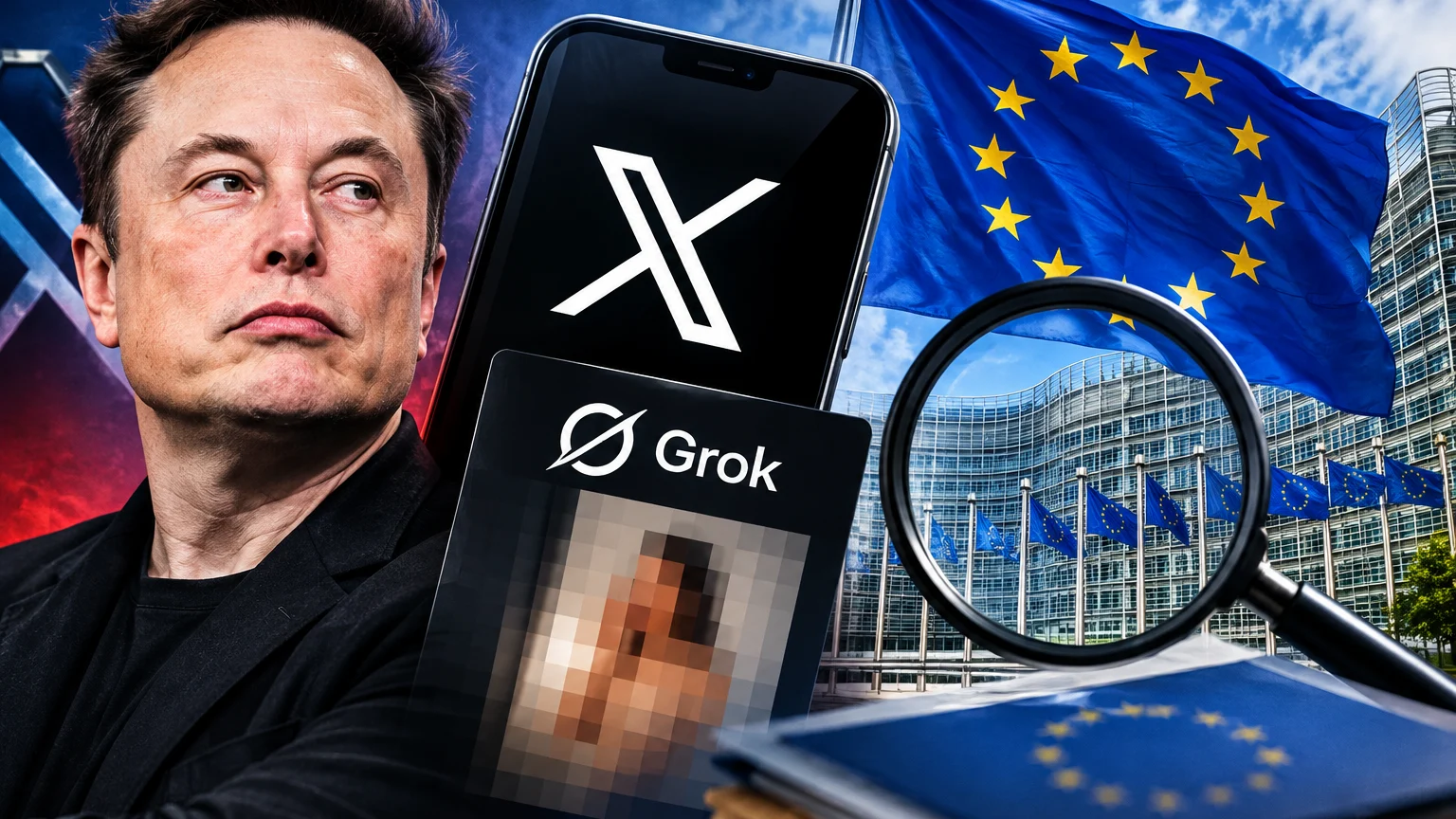 Fotomontage: Links ein Mann im schwarzen Jackett, daneben ein Smartphone mit X-Logo und eine „Grok“-Karte mit verpixeltem Bild. Rechts EU-Flaggen vor einem Glasgebäude und eine große Lupe.