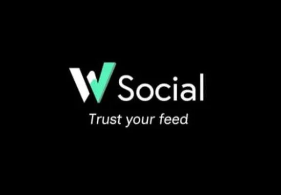 Auf schwarzem Hintergrund steht mittig das weiß-türkise Logo „V Social“. Darunter steht in Weiß „Trust your feed“.