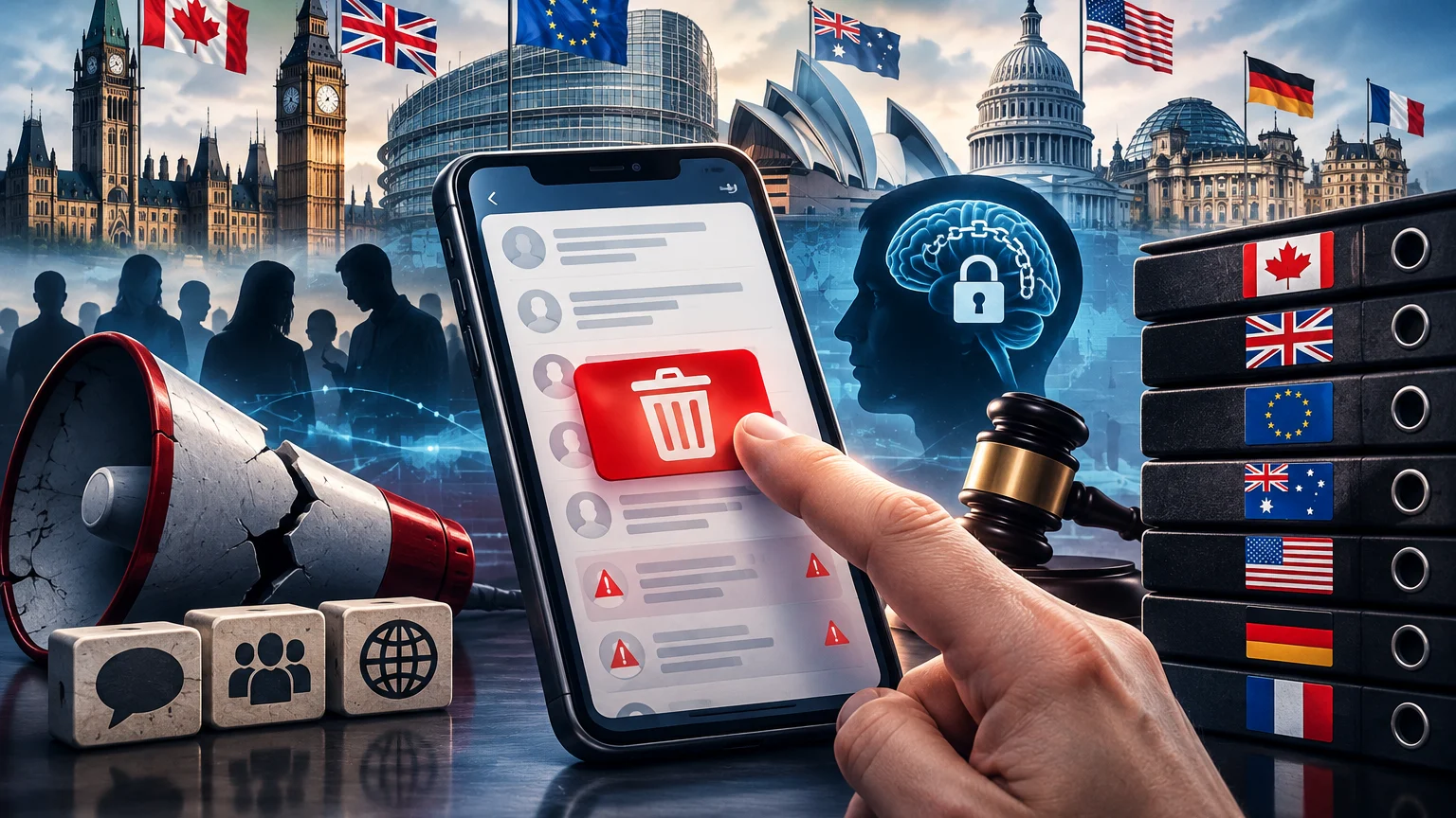 Eine Hand tippt auf ein rotes Papierkorb-Symbol auf einem Smartphone. Daneben sind ein rissiges Megafon, ein Richterhammer, Ordner mit Flaggen und ein Kopf mit Schloss im Gehirn zu sehen.