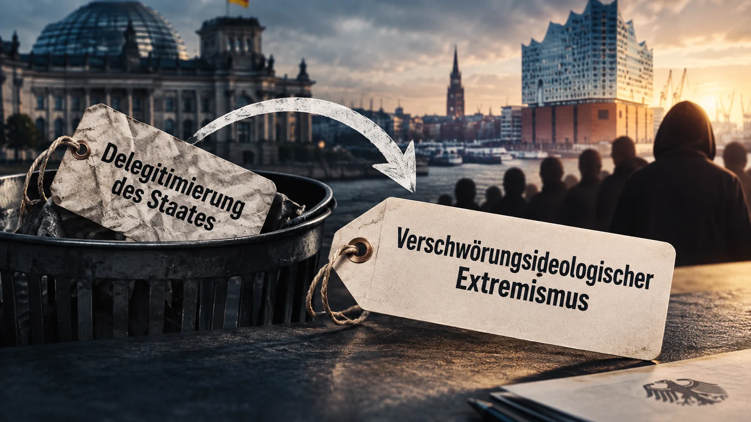 Vor einem Fluss mit Gebäuden und Menschen steht ein Mülleimer mit dem Anhänger „Delegitimierung des Staates“. Ein weißer Pfeil zeigt auf einen zweiten Anhänger mit der Aufschrift „Verschwörungsideologischer Extremismus“.