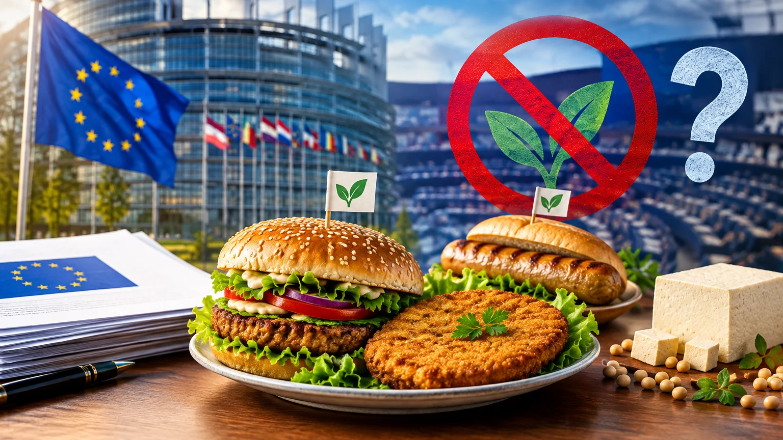 Vor einem Glasgebäude mit EU-Flagge stehen Burger, Wurst, ein paniertes Stück und ein Tofublock. Darüber sind ein rotes Verbotssymbol über einer grünen Pflanze und ein großes Fragezeichen zu sehen.